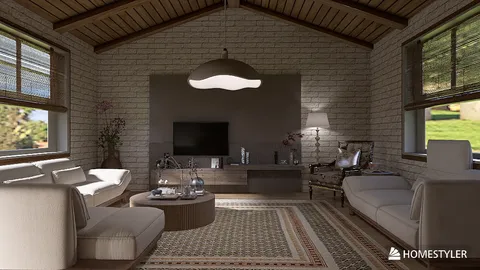cozy living room design featuring a brick wall and wooden ceiling with modern furniture arrangement in a rustic style, showcasing interior decor optimization using Homestyler's real-time 3D rendering feature.