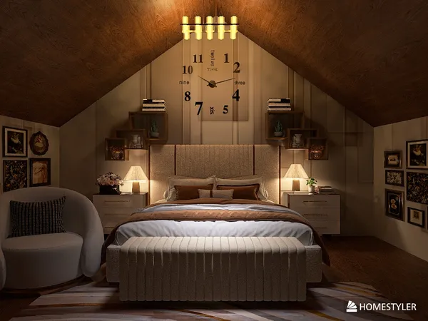 cozy bedroom interior design featuring a plush bed and stylish decor, utilizing Homestyler's real-time 3D rendering to visualize the warm ambiance of the space.