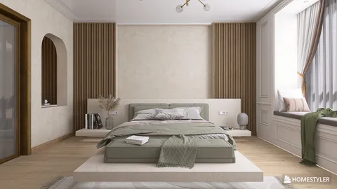 Modern bedroom with a minimalist design featuring a low-profile bed and soft color palette, showcasing a cozy and inviting atmosphere, utilizing Homestyler's real-time 3D rendering feature.