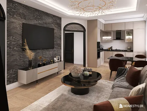 modern living room featuring a stylish TV unit and elegant dining area, designed with a contemporary flair, showcasing interior decor ideas for cozy spaces, powered by Homestyler's real-time 3D rendering feature.