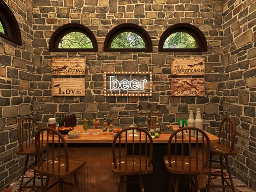 Rustic dining area featuring a wooden table and chairs, designed with a stone wall decor, showcasing a cozy and vintage atmosphere that enhances the room's value for social gatherings, leveraging Homestyler's real-time 3D rendering feature.