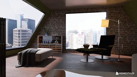 modern living room with a view featuring stylish furniture arrangement and industrial design elements showcasing a blend of comfort and sophistication, enhanced by Homestyler's real-time 3D rendering feature for instant design preview.