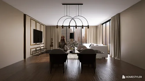 Modern living room featuring elegant dining table arrangement with stylish chairs, showcasing contemporary interior design, emphasizing space optimization with Homestyler's real-time 3D rendering capabilities.