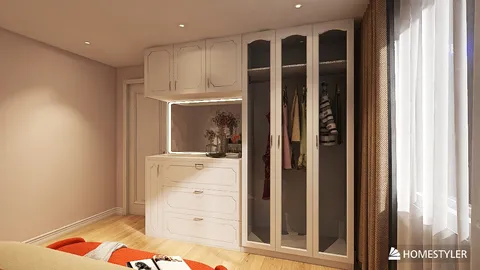 modern wardrobe design featuring smart furniture arrangement in a cozy bedroom space, showcasing Homestyler's real-time 3D rendering functionality for interior design.