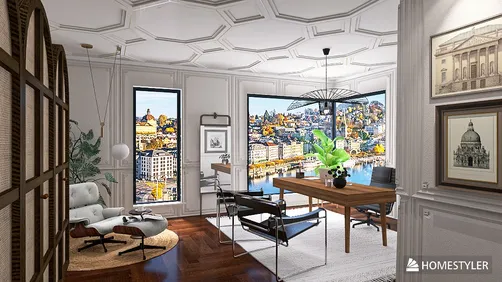 modern living room design featuring a cozy seating arrangement and a stylish workspace with large windows showcasing a scenic view, utilizing Homestyler's real-time 3D rendering feature for an immersive experience.