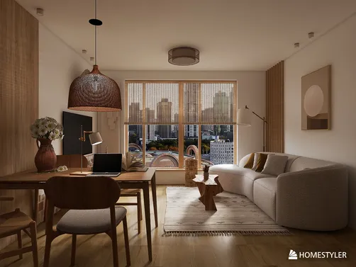 Cozy living room with modern furniture arrangement, featuring a neutral color palette and warm lighting, showcasing a contemporary interior design style using Homestyler's real-time 3D rendering feature.