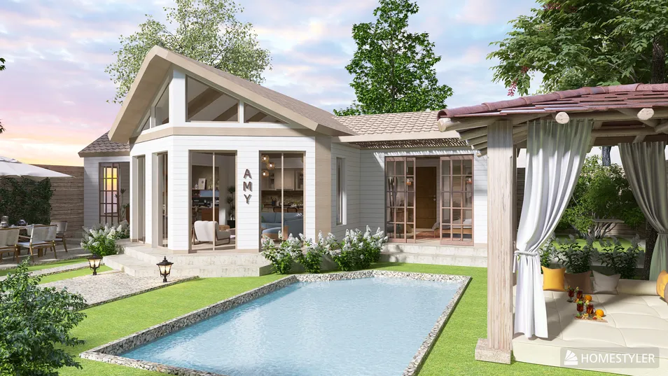 Modern house exterior design featuring a swimming pool surrounded by greenery, showcasing a contemporary architectural style with a focus on outdoor living spaces. Includes Homestyler's feature for real-time 3D rendering.
