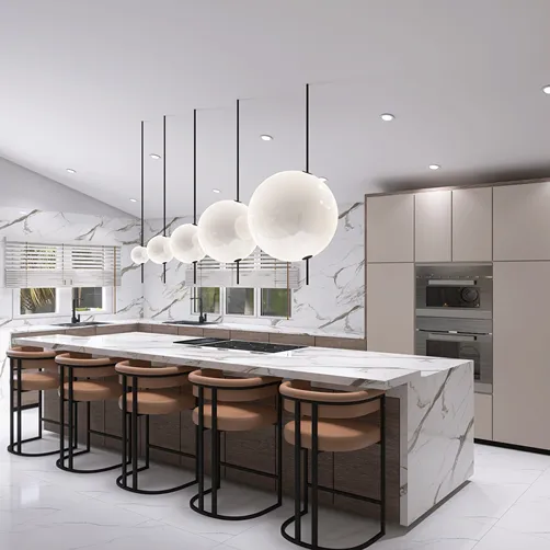 Modern kitchen featuring a sleek island and stylish pendant lighting, designed for optimal space utilization with intelligent furniture arrangement using Homestyler's real-time 3D rendering feature.