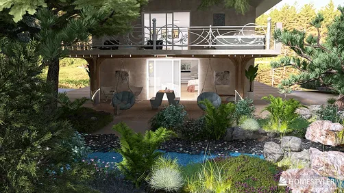 outdoor terrace with modern seating arrangements surrounded by lush greenery and decorative stones, showcasing a contemporary design style for a relaxing café atmosphere, utilizing Homestyler's real-time 3D rendering feature.