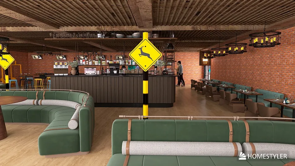 restaurant interior featuring a modern layout with stylish furniture arrangement, rustic decor style, creating an inviting dining atmosphere with Homestyler's real-time 3D rendering feature.