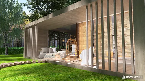 modern outdoor living space blending indoor-outdoor elements with cozy furniture layout in a natural setting using Homestyler's real-time 3D rendering feature.