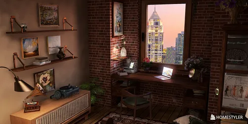 cozy home office with wooden desk and brick wall design showcasing a city view at sunset, creating a warm atmosphere, featuring interior decor ideas for small spaces using Homestyler's real-time 3D rendering.