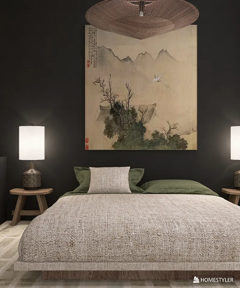 cozy bedroom design featuring a bed with green accents and Asian art decor, showcasing a unique interior design style, utilizing Homestyler's real-time 3D rendering feature for visualization.