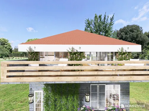 modern house exterior design showcasing a spacious terrace with wooden railing and landscaped surroundings, emphasizing outdoor living space, using Homestyler's real-time 3D rendering feature.