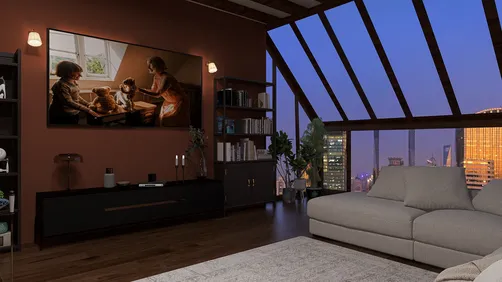 Modern living room featuring a cozy sofa and entertainment unit, showcasing smart furniture arrangement by Homestyler, with a contemporary design style and large windows enhancing the space's value.