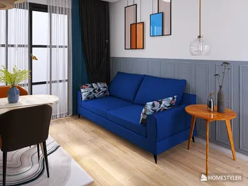 blue sofa arranged in a modern living room with wall paneling and stylish decor elements, featuring interior design showcasing a contemporary atmosphere, utilizing Homestyler's real-time 3D rendering.