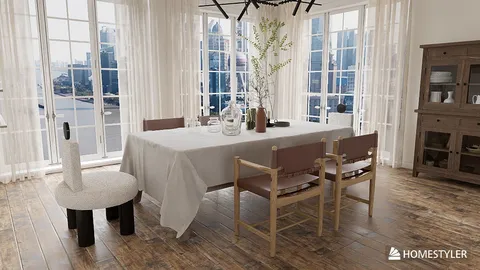 dining table arrangement showcasing modern design style in a spacious dining area with natural light, utilizing Homestyler's smart furniture layout feature.