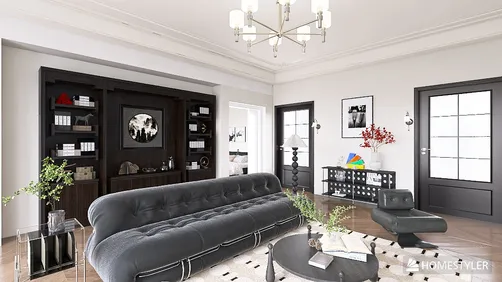 Living room featuring modern furniture arrangement with a sleek black sofa and stylish decor, designed using Homestyler's real-time 3D rendering for an immersive interior experience.