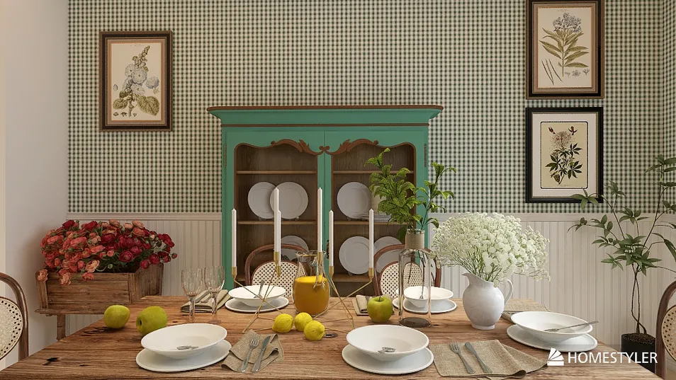dining table with rustic decor featuring green cabinetry and floral arrangements in a country style living space, showcasing Homestyler's real-time 3D rendering feature