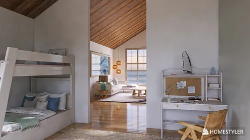 Modern bedroom with a bunk bed and workspace, showcasing contemporary design and functionality for a teenager's room, featuring Homestyler's real-time 3D rendering function.