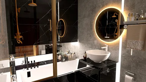 modern black bathroom design featuring sleek fixtures and ambient lighting, showcasing an elegant and luxurious atmosphere with Homestyler's real-time 3D rendering capabilities.
