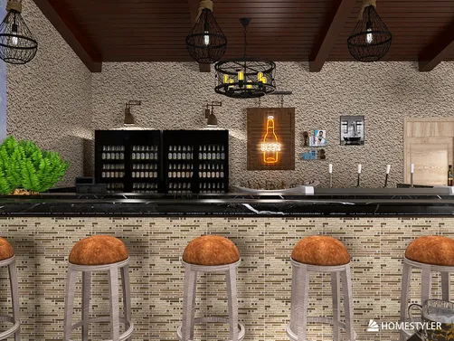 modern bar interior featuring a sleek countertop and stylish stools with a rustic design, showcasing an inviting atmosphere for social gatherings, utilizing Homestyler's real-time 3D rendering feature.