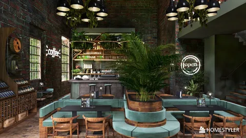 lush greenery enhancing a cozy café atmosphere in a rustic industrial style, showcasing interior decor with smart furniture arrangement feature from Homestyler
