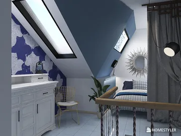 Cozy bedroom with slanted ceiling design featuring blue and white patterned wallpaper and a modern bed arrangement. Incorporates Homestyler's real-time 3D rendering for optimized interior decor planning.