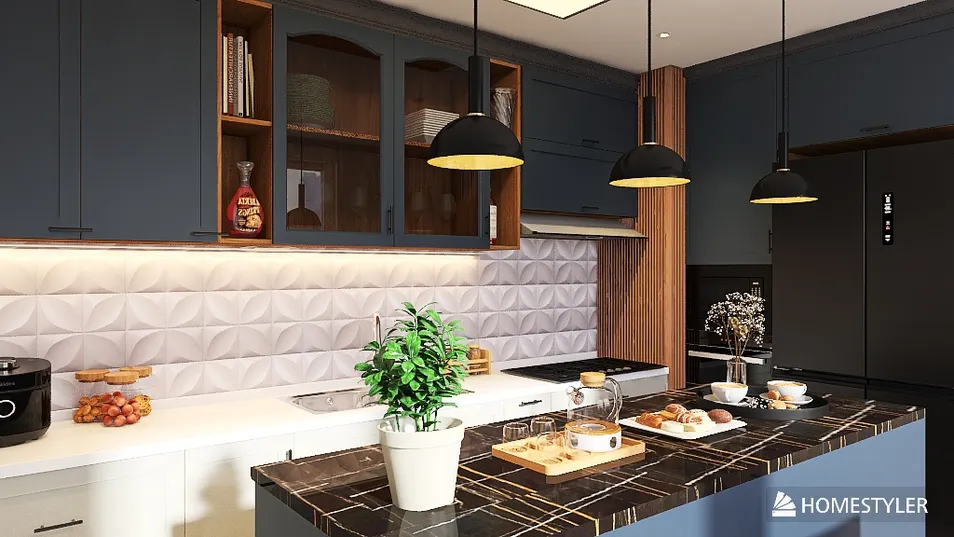 Modern kitchen design featuring a stylish blue cabinetry, showcasing smart furniture arrangement and contemporary aesthetic; optimized for small space functionality using Homestyler's real-time 3D rendering.
