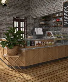 a cozy coffee shop interior featuring a wooden counter with a stone wall background and a selection of packaged goods, utilizing Homestyler's real-time 3D rendering for design proposals
