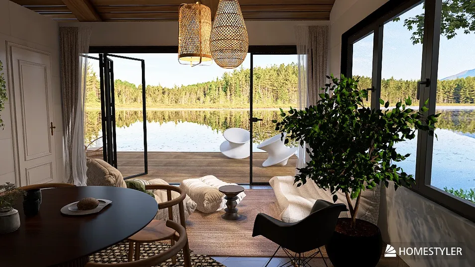 cozy living room with panoramic view and open doors inviting nature, featuring modern furniture and a warm aesthetic, showcasing interior design trends with Homestyler's real-time 3D rendering feature