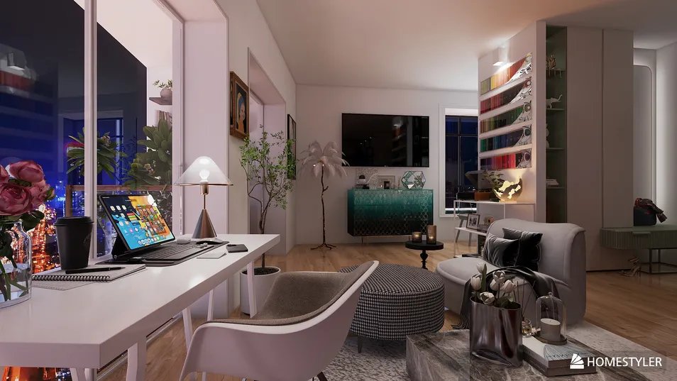 modern interior design featuring a home office setup with a sleek desk and stylish decor in a contemporary living room space; showcasing Homestyler's real-time 3D rendering for visualizing design proposals.