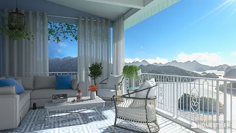 cozy living room design featuring a soft seating arrangement with a stunning mountain view, showcasing a modern coastal style, perfect for relaxing and enjoying nature; created using Homestyler's real-time 3D rendering feature.