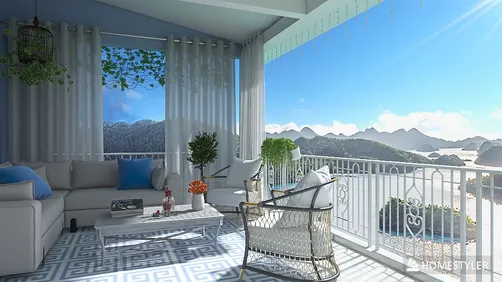cozy living room design featuring a soft seating arrangement with a stunning mountain view, showcasing a modern coastal style, perfect for relaxing and enjoying nature; created using Homestyler's real-time 3D rendering feature.