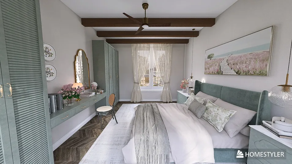 Cozy bedroom featuring a stylish bed with soft bedding, accented by wood beams and a serene color palette, showcasing contemporary interior design using Homestyler's real-time 3D rendering for a realistic space preview.
