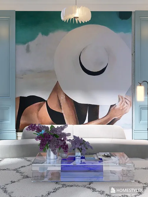 living room with an artistic wall mural featuring a woman in a sun hat, designed for a modern interior decor style, showcasing Homestyler's real-time 3D rendering feature.