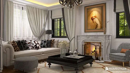 elegant living room with a cozy sofa arrangement featuring a fireplace and decorative art, showcasing classic design elements for interior decor optimization, utilizing Homestyler's real-time 3D rendering feature.
