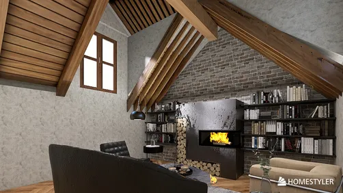 rustic living room featuring a cozy fireplace design with exposed wooden beams and stone accents, enhancing the warmth of the space using Homestyler's real-time 3D rendering.