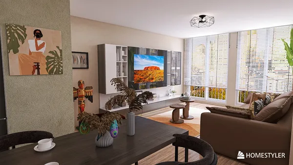 modern living room design featuring a stylish sofa and large TV unit, showcasing an elegant interior decor style, optimized for comfort and entertainment, utilizing Homestyler's real-time 3D rendering feature.