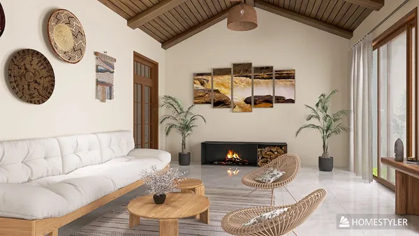 Modern living room featuring a cozy sofa arrangement and decorative wall art, designed with a natural aesthetic and an emphasis on open space; showcasing Homestyler's real-time 3D rendering feature for instant design previews.