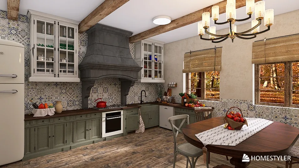 cozy kitchen design featuring rustic wooden beams and tiled backsplash, showcasing an immersive 3D rendering using Homestyler for detailed spatial visualization