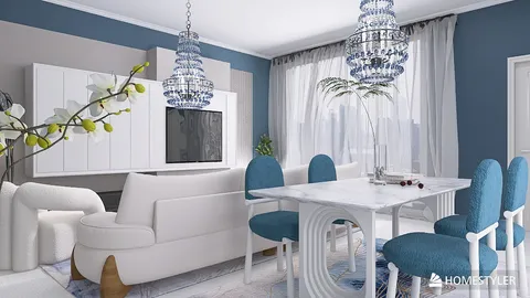 modern dining room featuring a marble dining table with blue chairs, showcasing a stylish interior aesthetic, utilizing Homestyler's real-time 3D rendering for design visualization.