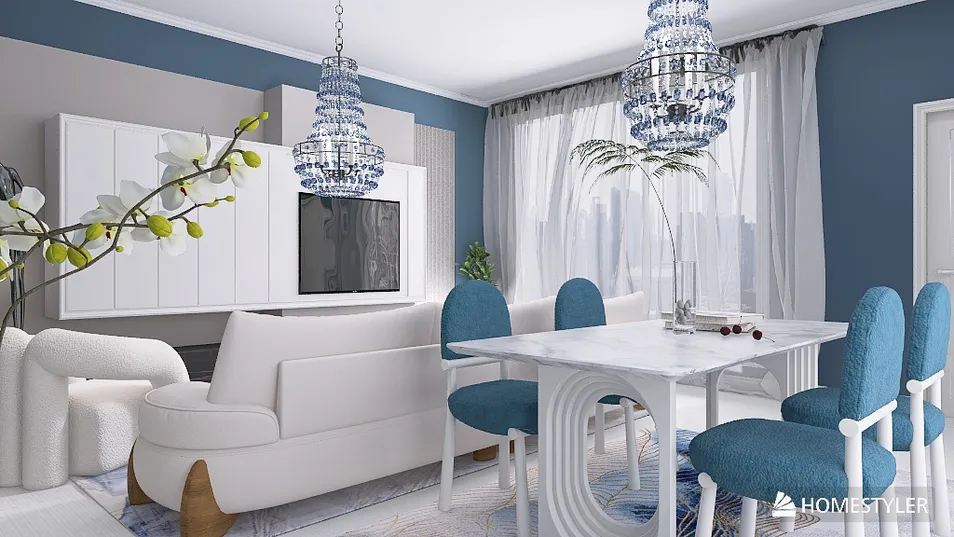 modern dining room featuring a marble dining table with blue chairs, showcasing a stylish interior aesthetic, utilizing Homestyler's real-time 3D rendering for design visualization.