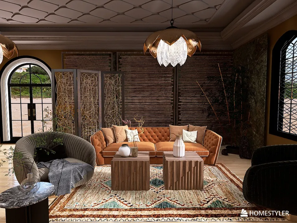 modern living room showcasing a luxurious seating arrangement with a stylish sofa and decorative coffee tables, featuring bohemian decor elements, designed using Homestyler's real-time 3D rendering feature for an immersive interior design experience