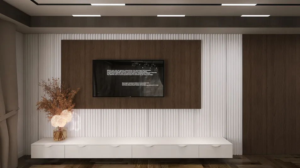 modern living room design featuring a sleek entertainment unit with a mounted TV, showcasing a minimalist aesthetic and warm wood tones; perfect for interior styling with Homestyler's real-time 3D rendering feature.