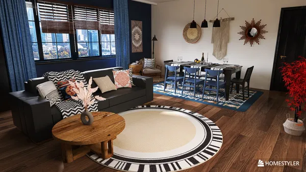 cozy living room with modern furniture layout showcasing a stylish dining area, designed in contemporary style, interior decor highlighting a balanced aesthetic with Homestyler's real-time 3D rendering feature.