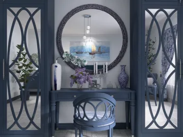 Blue entryway table with decorative mirror and vases, featuring elegant floral arrangements, styled for interior decor inspiration, showcasing Homestyler's real-time 3D rendering feature.