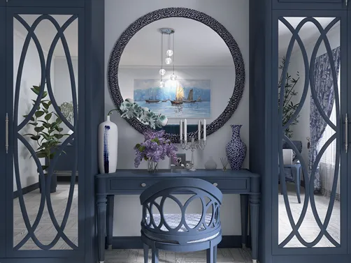 Blue entryway table with decorative mirror and vases, featuring elegant floral arrangements, styled for interior decor inspiration, showcasing Homestyler's real-time 3D rendering feature.
