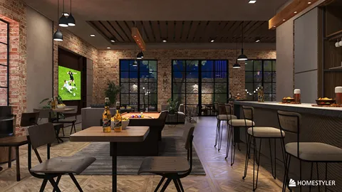 modern bar area with stylish seating arrangements and exposed brick walls, featuring a casual atmosphere ideal for social gatherings, utilizing Homestyler's real-time 3D rendering feature.