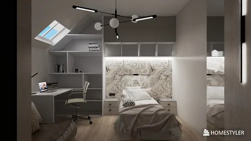 modern bedroom interior design showcasing a cozy bed and study area with efficient furniture arrangement in a minimalist style utilizing Homestyler's real-time 3D rendering feature for effective space planning.